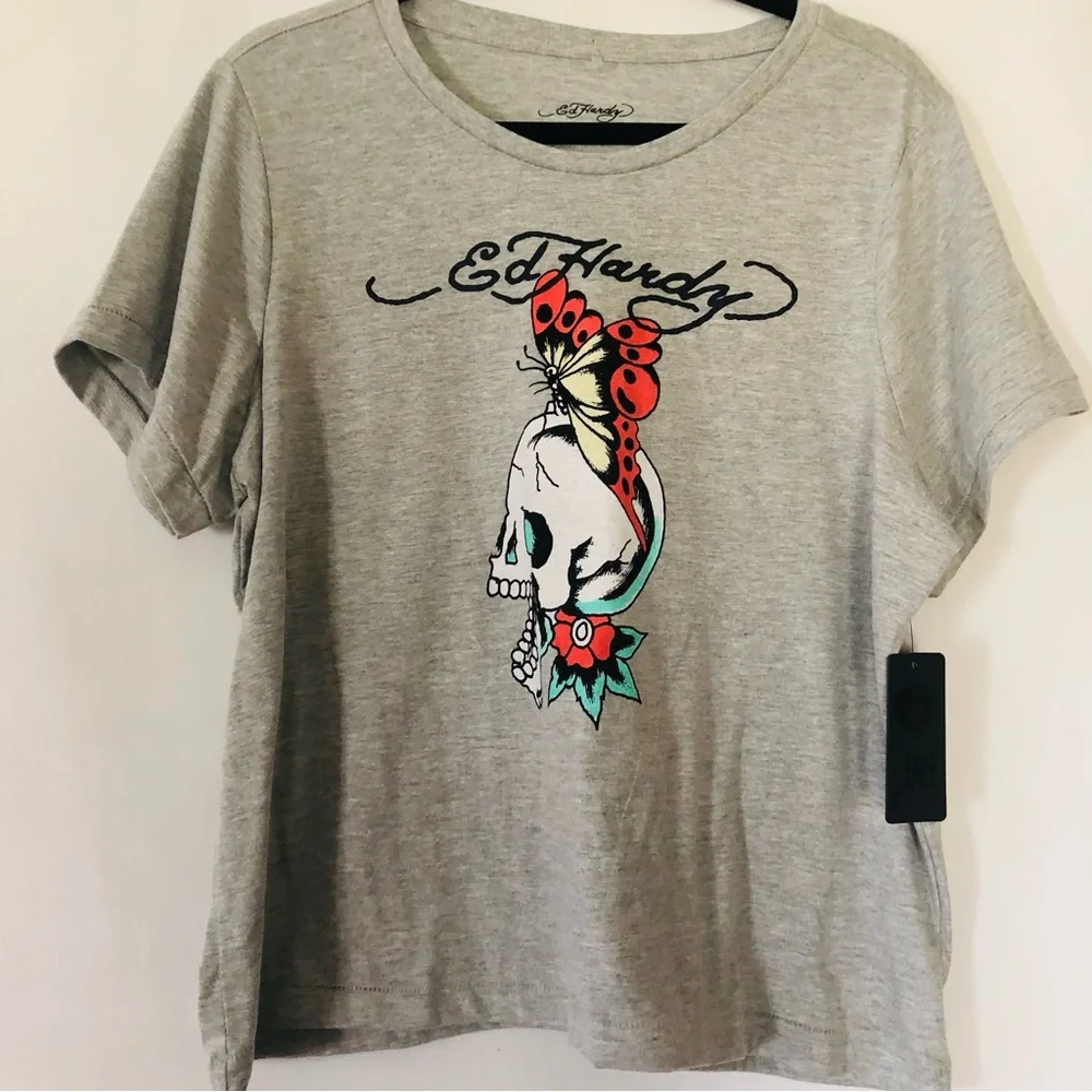 T Shirt Scull Print Size 1X Gray Butterfly Orange - Picture 3 of 5